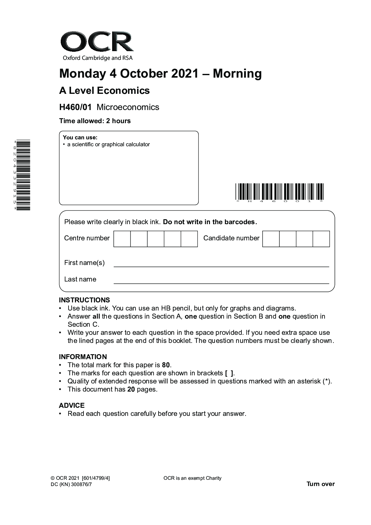 Preview image for > 460/01 MICROECONOMICS A-LEVEL ECONOMICS QUESTION PAPER (OCTOBER, 2021).